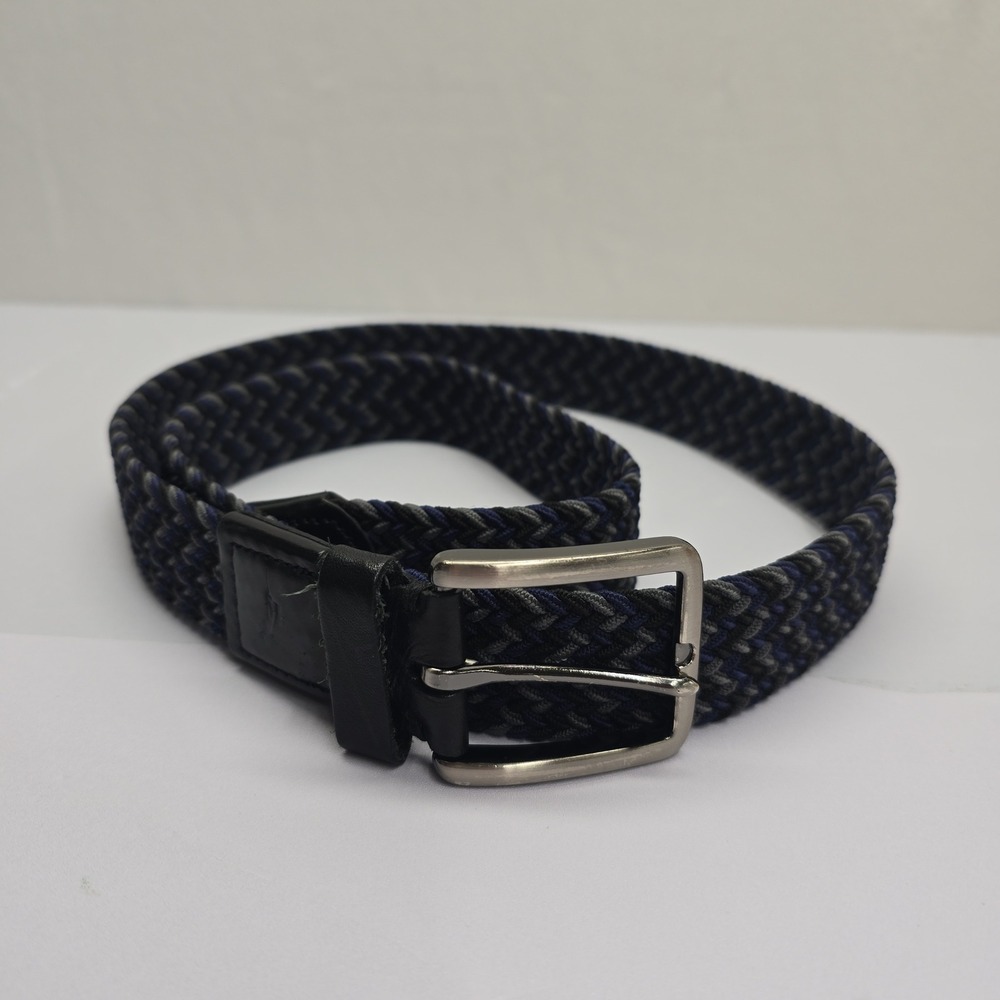 Mens Braided Stretch Belt Navy‎ Blue Grey Woven Elastic Leather Trim L XL 50in